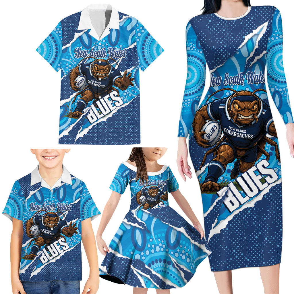 NSW Blues Rugby Custom Family Matching Long Sleeve Bodycon Dress and Hawaiian Shirt Go Cockroaches Sporty Aboriginal Art