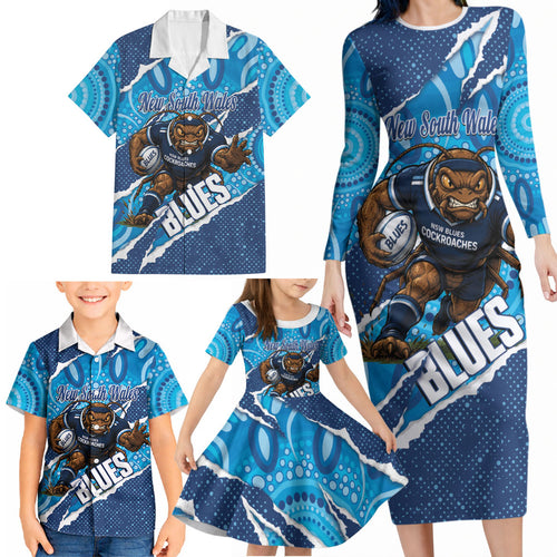 NSW Blues Rugby Custom Family Matching Long Sleeve Bodycon Dress and Hawaiian Shirt Go Cockroaches Sporty Aboriginal Art