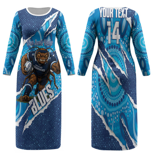 NSW Blues Rugby Custom Family Matching Long Sleeve Bodycon Dress and Hawaiian Shirt Go Cockroaches Sporty Aboriginal Art