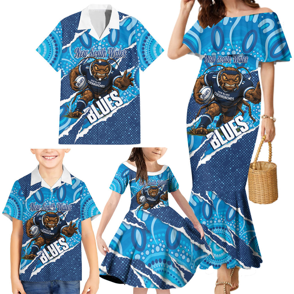 NSW Blues Rugby Custom Family Matching Mermaid Dress and Hawaiian Shirt Go Cockroaches Sporty Aboriginal Art