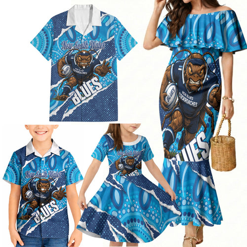 NSW Blues Rugby Custom Family Matching Mermaid Dress and Hawaiian Shirt Go Cockroaches Sporty Aboriginal Art