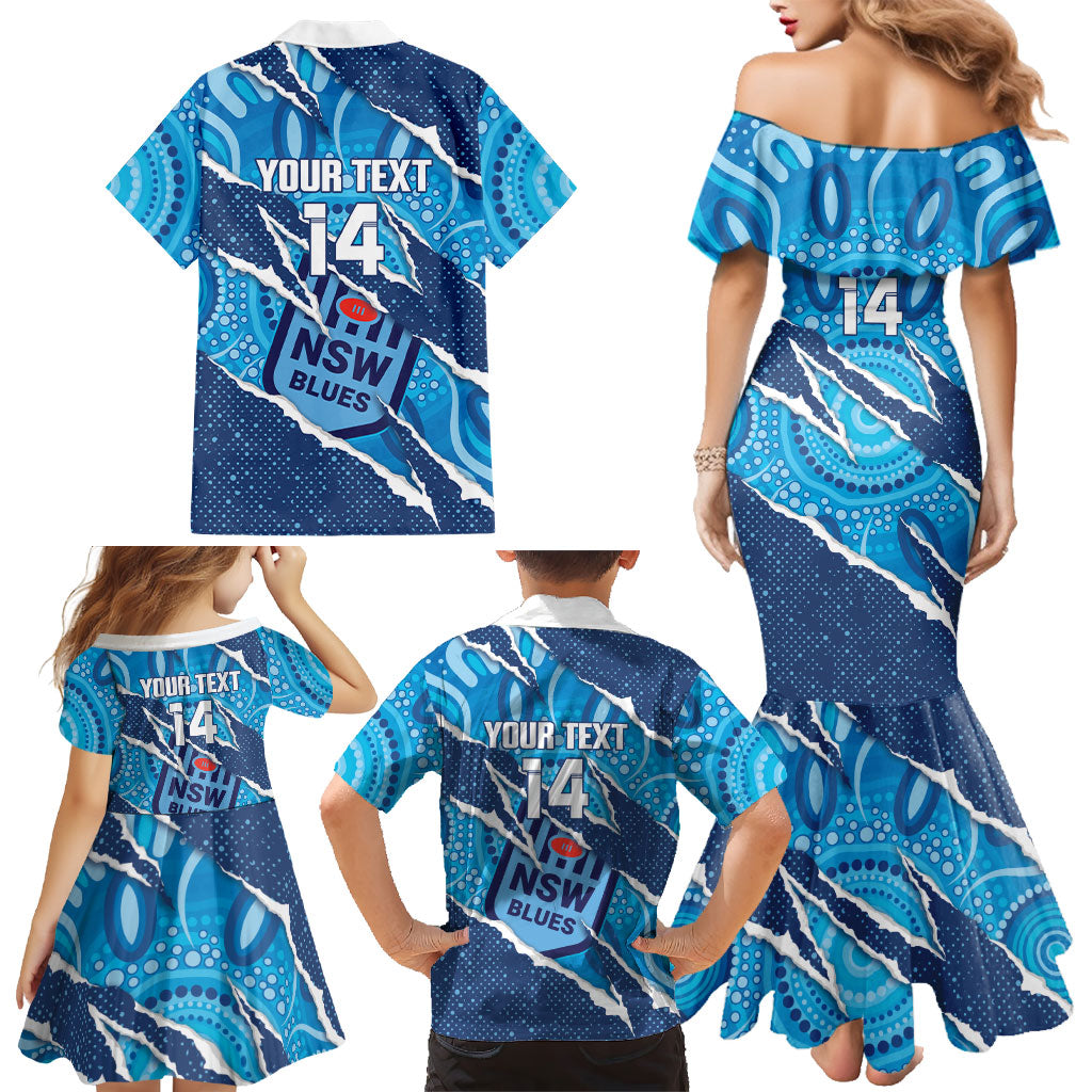 NSW Blues Rugby Custom Family Matching Mermaid Dress and Hawaiian Shirt Go Cockroaches Sporty Aboriginal Art