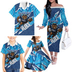 NSW Blues Rugby Custom Family Matching Off The Shoulder Long Sleeve Dress and Hawaiian Shirt Go Cockroaches Sporty Aboriginal Art