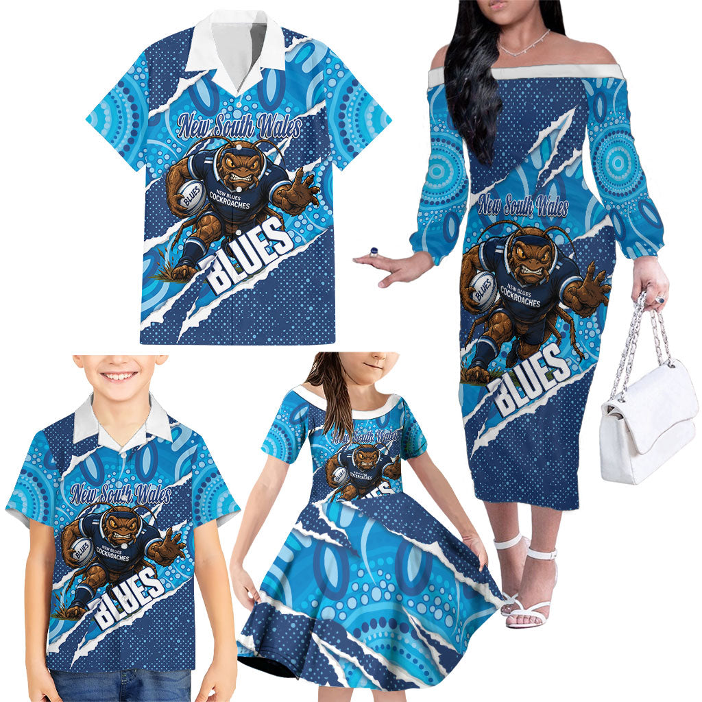 NSW Blues Rugby Custom Family Matching Off The Shoulder Long Sleeve Dress and Hawaiian Shirt Go Cockroaches Sporty Aboriginal Art