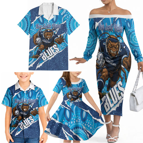 NSW Blues Rugby Custom Family Matching Off The Shoulder Long Sleeve Dress and Hawaiian Shirt Go Cockroaches Sporty Aboriginal Art