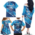 NSW Blues Rugby Custom Family Matching Off The Shoulder Long Sleeve Dress and Hawaiian Shirt Go Cockroaches Sporty Aboriginal Art