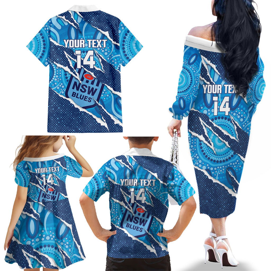NSW Blues Rugby Custom Family Matching Off The Shoulder Long Sleeve Dress and Hawaiian Shirt Go Cockroaches Sporty Aboriginal Art