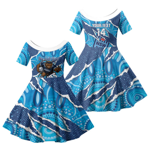 NSW Blues Rugby Custom Family Matching Off The Shoulder Long Sleeve Dress and Hawaiian Shirt Go Cockroaches Sporty Aboriginal Art