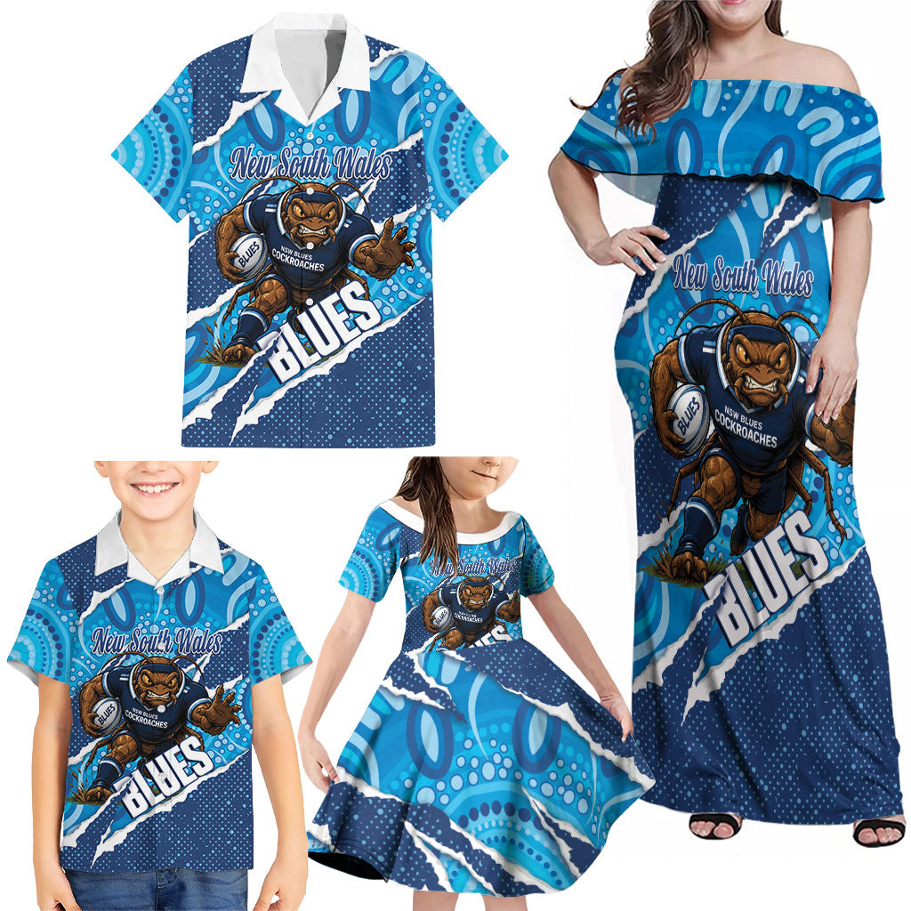 NSW Blues Rugby Custom Family Matching Off Shoulder Maxi Dress and Hawaiian Shirt Go Cockroaches Sporty Aboriginal Art