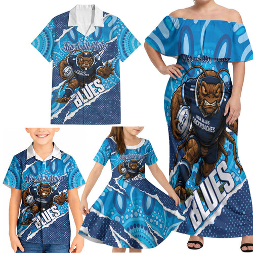 NSW Blues Rugby Custom Family Matching Off Shoulder Maxi Dress and Hawaiian Shirt Go Cockroaches Sporty Aboriginal Art
