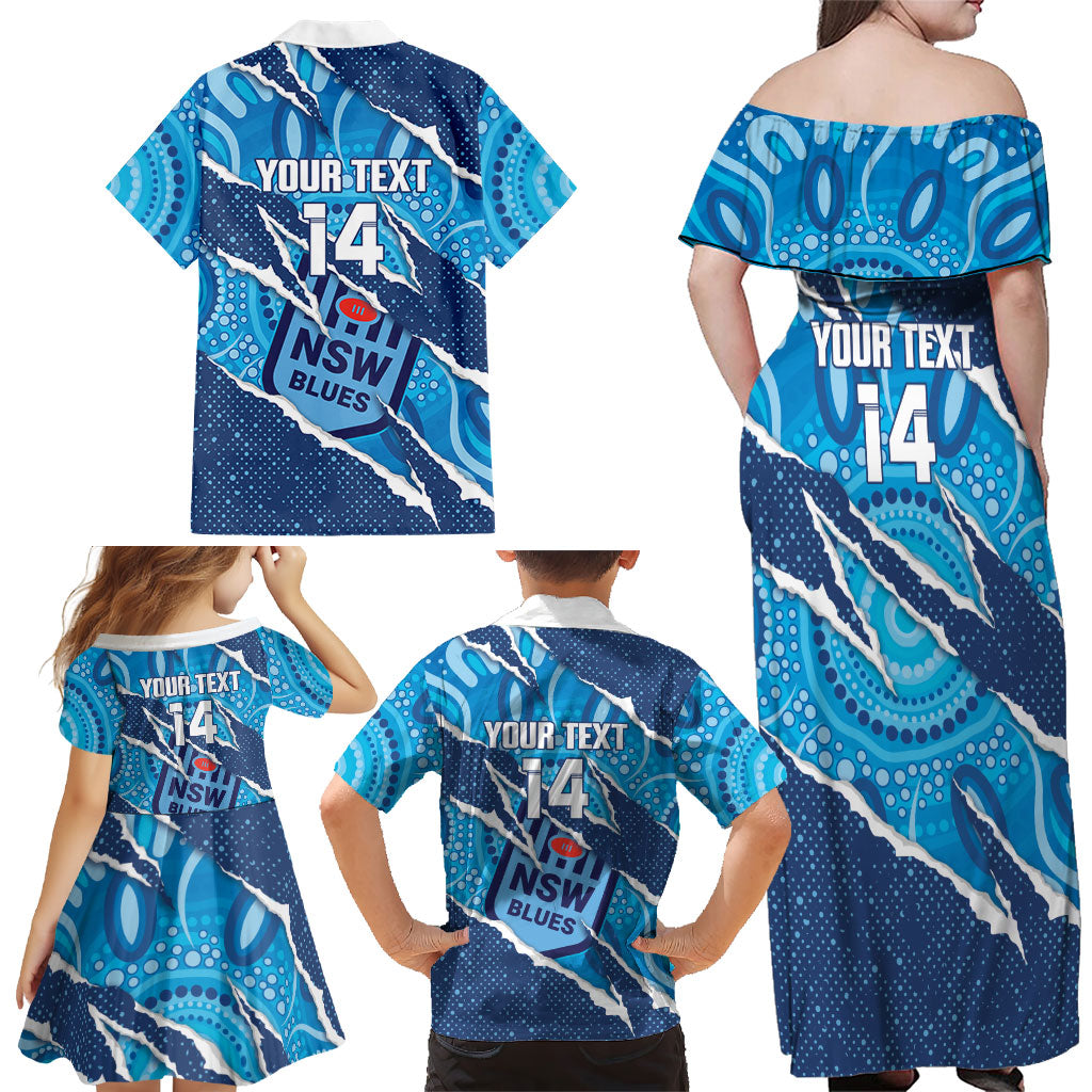 NSW Blues Rugby Custom Family Matching Off Shoulder Maxi Dress and Hawaiian Shirt Go Cockroaches Sporty Aboriginal Art