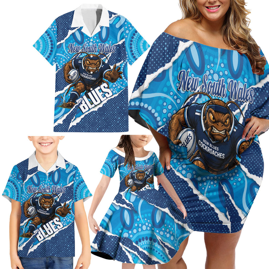 NSW Blues Rugby Custom Family Matching Off Shoulder Short Dress and Hawaiian Shirt Go Cockroaches Sporty Aboriginal Art