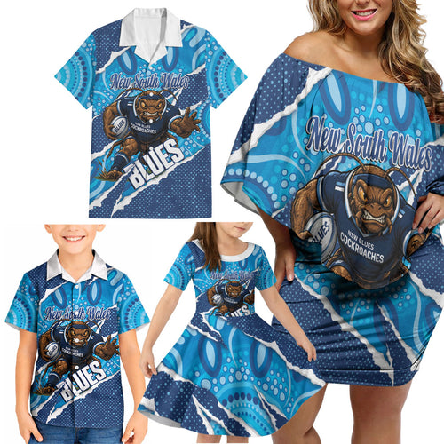 NSW Blues Rugby Custom Family Matching Off Shoulder Short Dress and Hawaiian Shirt Go Cockroaches Sporty Aboriginal Art