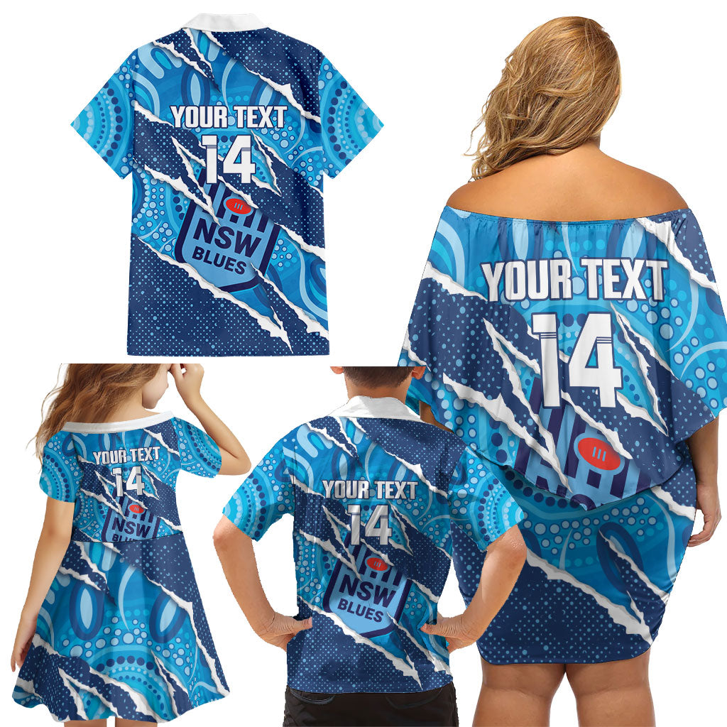 NSW Blues Rugby Custom Family Matching Off Shoulder Short Dress and Hawaiian Shirt Go Cockroaches Sporty Aboriginal Art