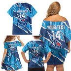 NSW Blues Rugby Custom Family Matching Off Shoulder Short Dress and Hawaiian Shirt Go Cockroaches Sporty Aboriginal Art