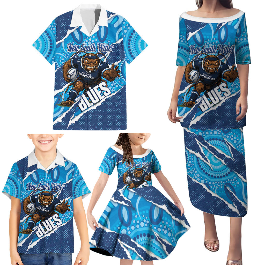 NSW Blues Rugby Custom Family Matching Puletasi and Hawaiian Shirt Go Cockroaches Sporty Aboriginal Art