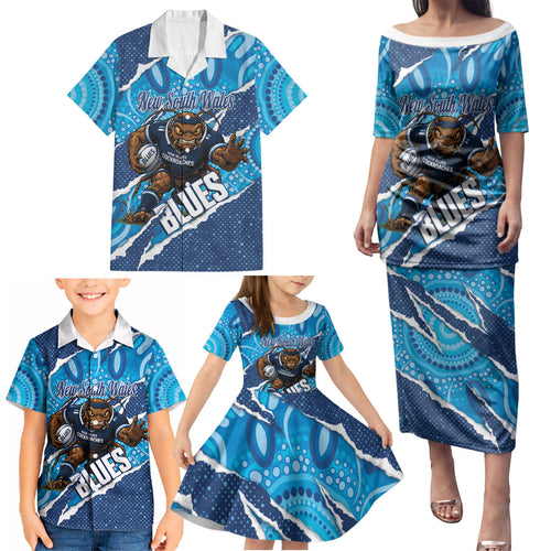 NSW Blues Rugby Custom Family Matching Puletasi and Hawaiian Shirt Go Cockroaches Sporty Aboriginal Art