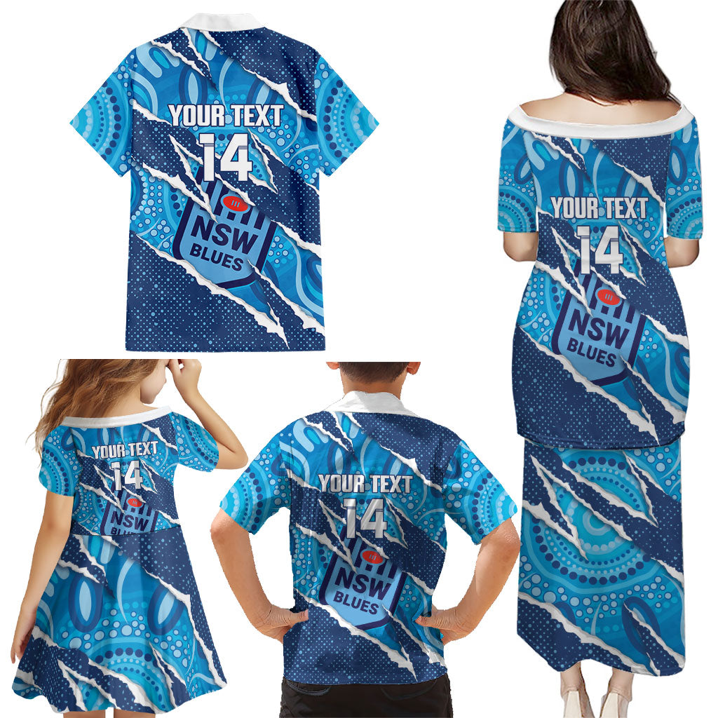NSW Blues Rugby Custom Family Matching Puletasi and Hawaiian Shirt Go Cockroaches Sporty Aboriginal Art