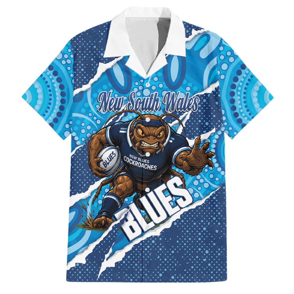 NSW Blues Rugby Custom Family Matching Puletasi and Hawaiian Shirt Go Cockroaches Sporty Aboriginal Art