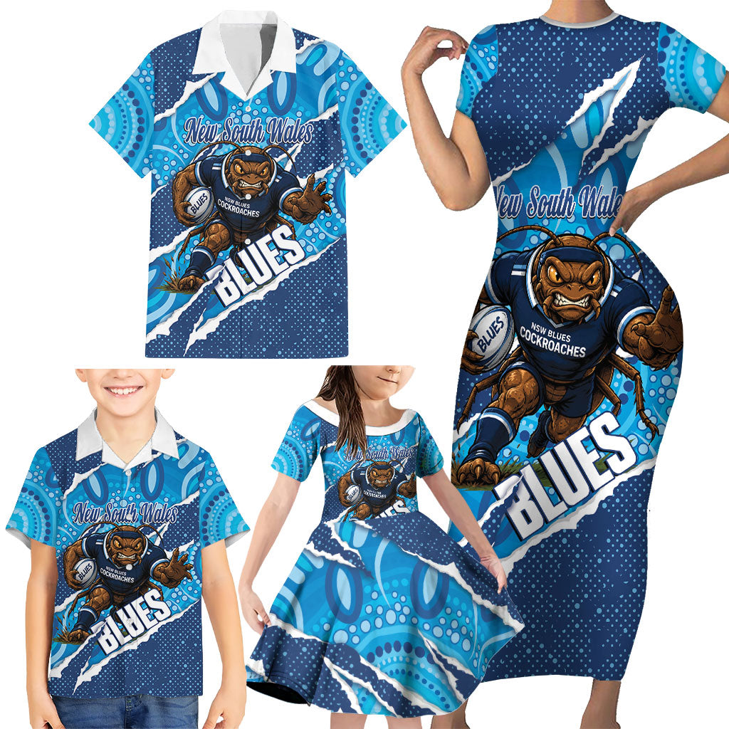 NSW Blues Rugby Custom Family Matching Short Sleeve Bodycon Dress and Hawaiian Shirt Go Cockroaches Sporty Aboriginal Art