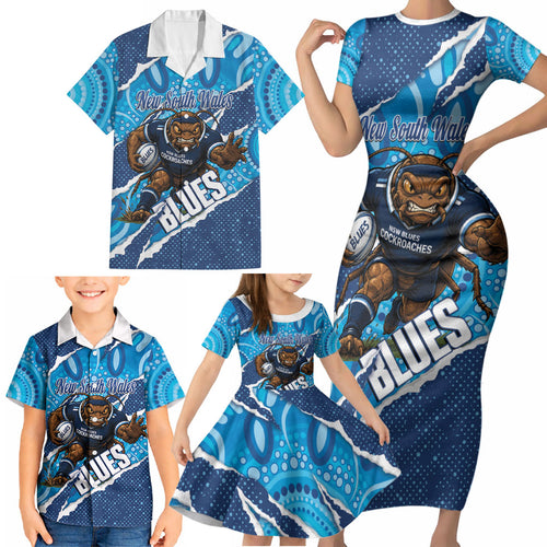 NSW Blues Rugby Custom Family Matching Short Sleeve Bodycon Dress and Hawaiian Shirt Go Cockroaches Sporty Aboriginal Art