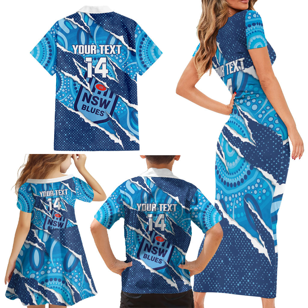 NSW Blues Rugby Custom Family Matching Short Sleeve Bodycon Dress and Hawaiian Shirt Go Cockroaches Sporty Aboriginal Art