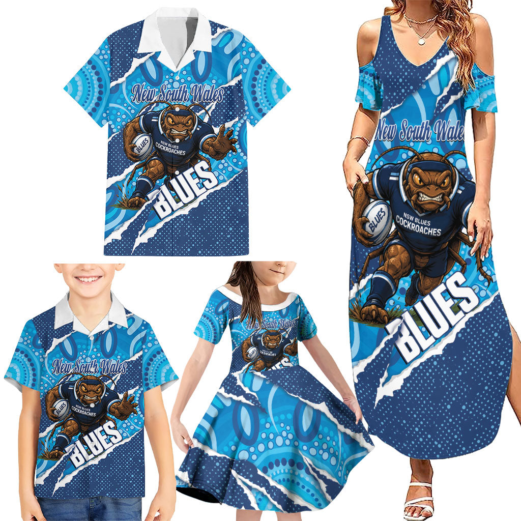 NSW Blues Rugby Custom Family Matching Summer Maxi Dress and Hawaiian Shirt Go Cockroaches Sporty Aboriginal Art