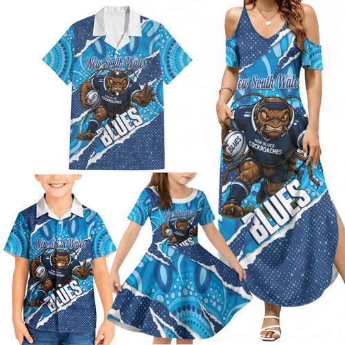 NSW Blues Rugby Custom Family Matching Summer Maxi Dress and Hawaiian Shirt Go Cockroaches Sporty Aboriginal Art