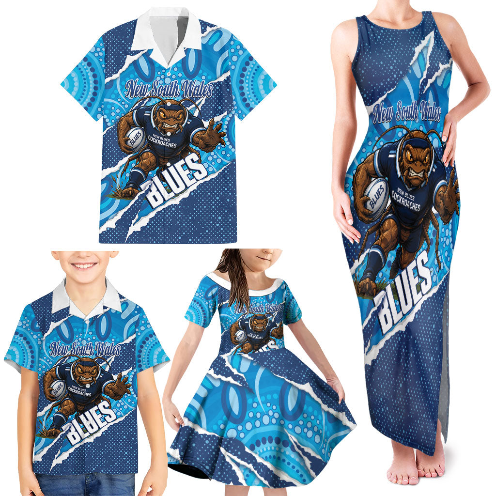 NSW Blues Rugby Custom Family Matching Tank Maxi Dress and Hawaiian Shirt Go Cockroaches Sporty Aboriginal Art