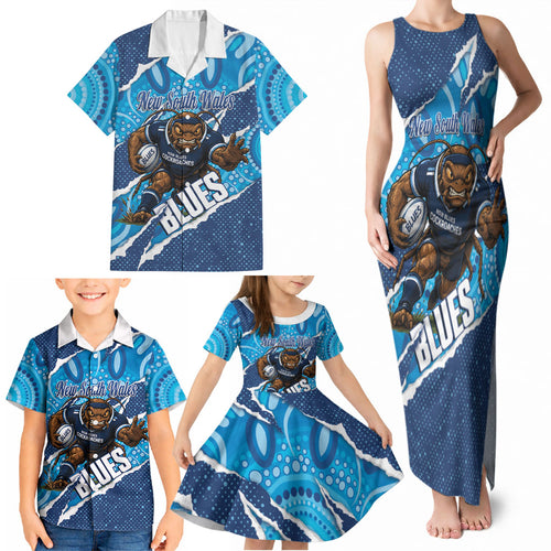 NSW Blues Rugby Custom Family Matching Tank Maxi Dress and Hawaiian Shirt Go Cockroaches Sporty Aboriginal Art