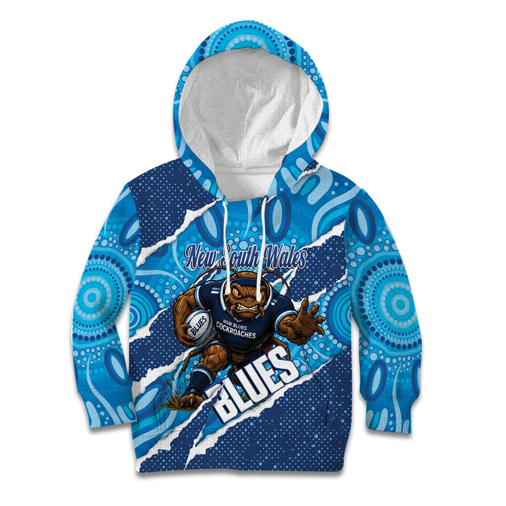 NSW Blues Rugby Custom Kid Hoodie Go Cockroaches Sporty Aboriginal Art