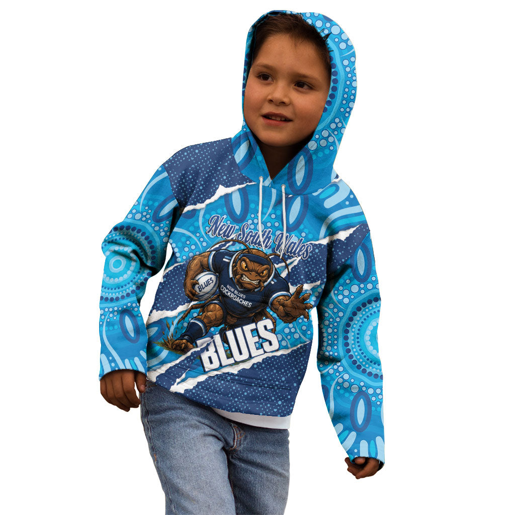 NSW Blues Rugby Custom Kid Hoodie Go Cockroaches Sporty Aboriginal Art