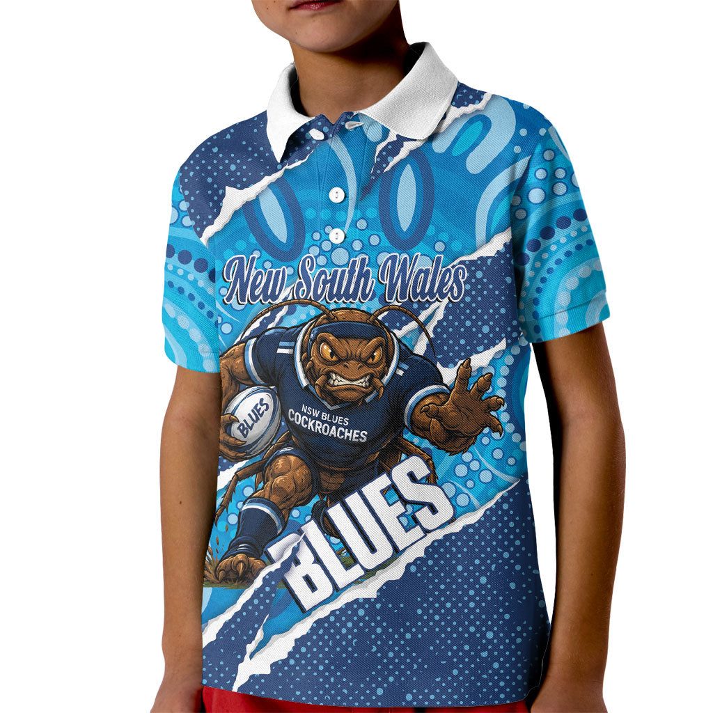 NSW Blues Rugby Custom Kid Polo Shirt Go Cockroaches Sporty Aboriginal Art