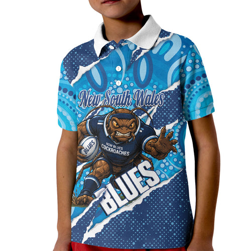 NSW Blues Rugby Custom Kid Polo Shirt Go Cockroaches Sporty Aboriginal Art