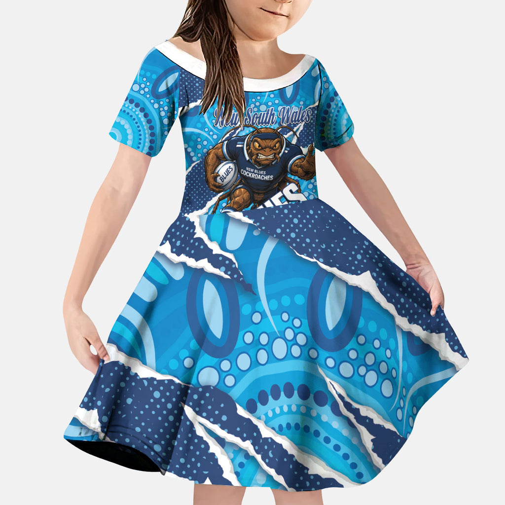 NSW Blues Rugby Custom Kid Short Sleeve Dress Go Cockroaches Sporty Aboriginal Art