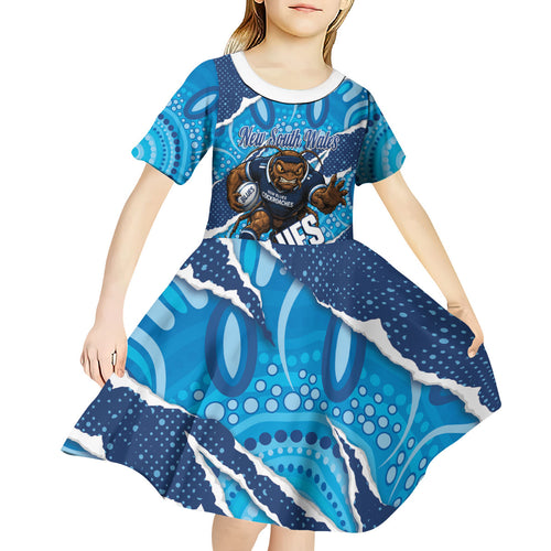 NSW Blues Rugby Custom Kid Short Sleeve Dress Go Cockroaches Sporty Aboriginal Art