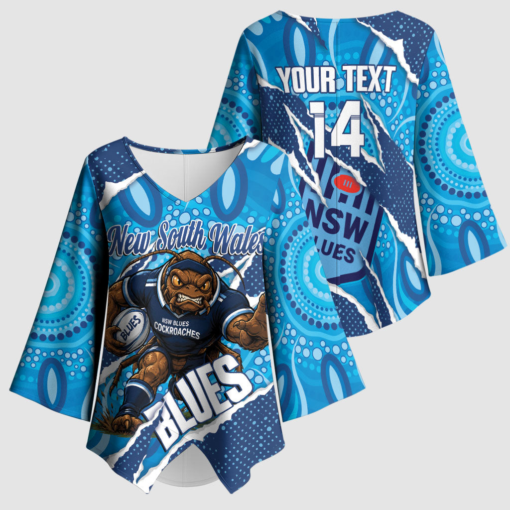 NSW Blues Rugby Custom Kimono Sleeve Blouse Go Cockroaches Sporty Aboriginal Art