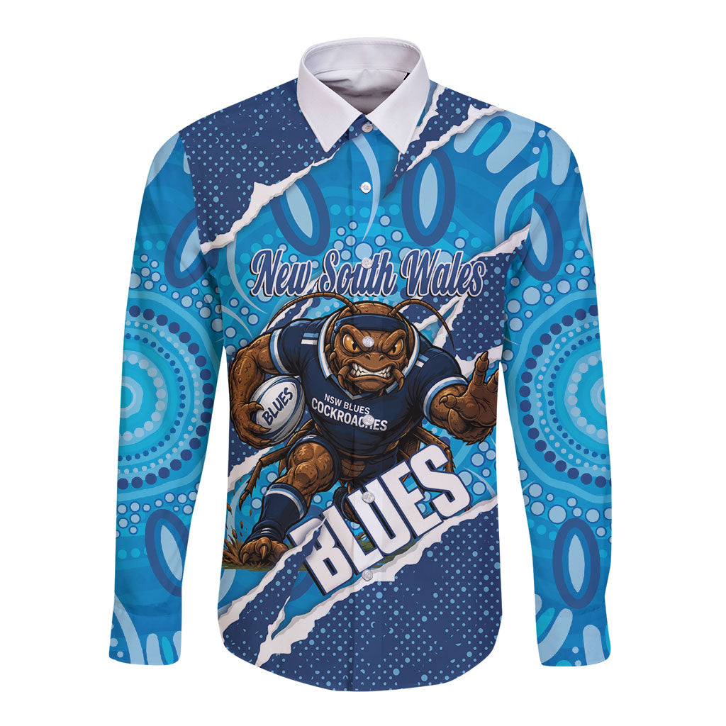 NSW Blues Rugby Custom Long Sleeve Button Shirt Go Cockroaches Sporty Aboriginal Art