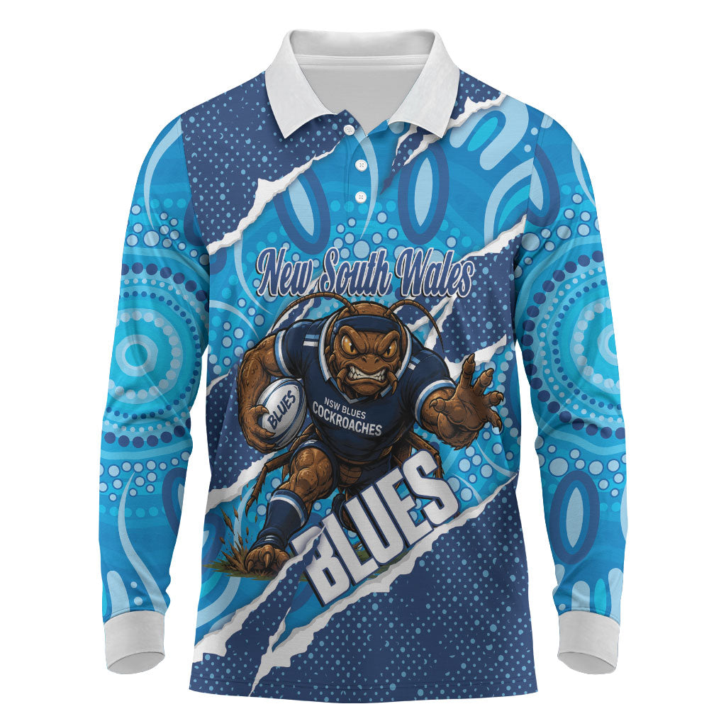 NSW Blues Rugby Custom Long Sleeve Polo Shirt Go Cockroaches Sporty Aboriginal Art