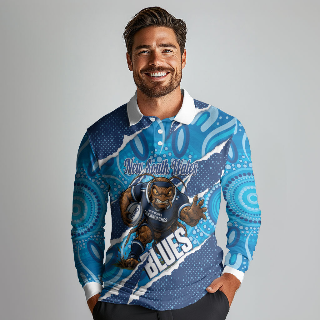 NSW Blues Rugby Custom Long Sleeve Polo Shirt Go Cockroaches Sporty Aboriginal Art