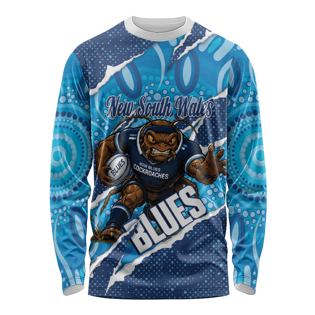 NSW Blues Rugby Custom Long Sleeve Shirt Go Cockroaches Sporty Aboriginal Art