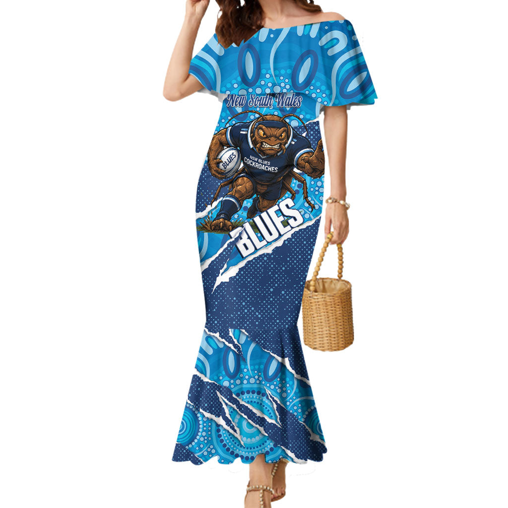 NSW Blues Rugby Custom Mermaid Dress Go Cockroaches Sporty Aboriginal Art