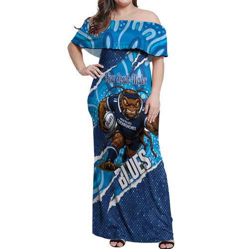 NSW Blues Rugby Custom Off Shoulder Maxi Dress Go Cockroaches Sporty Aboriginal Art