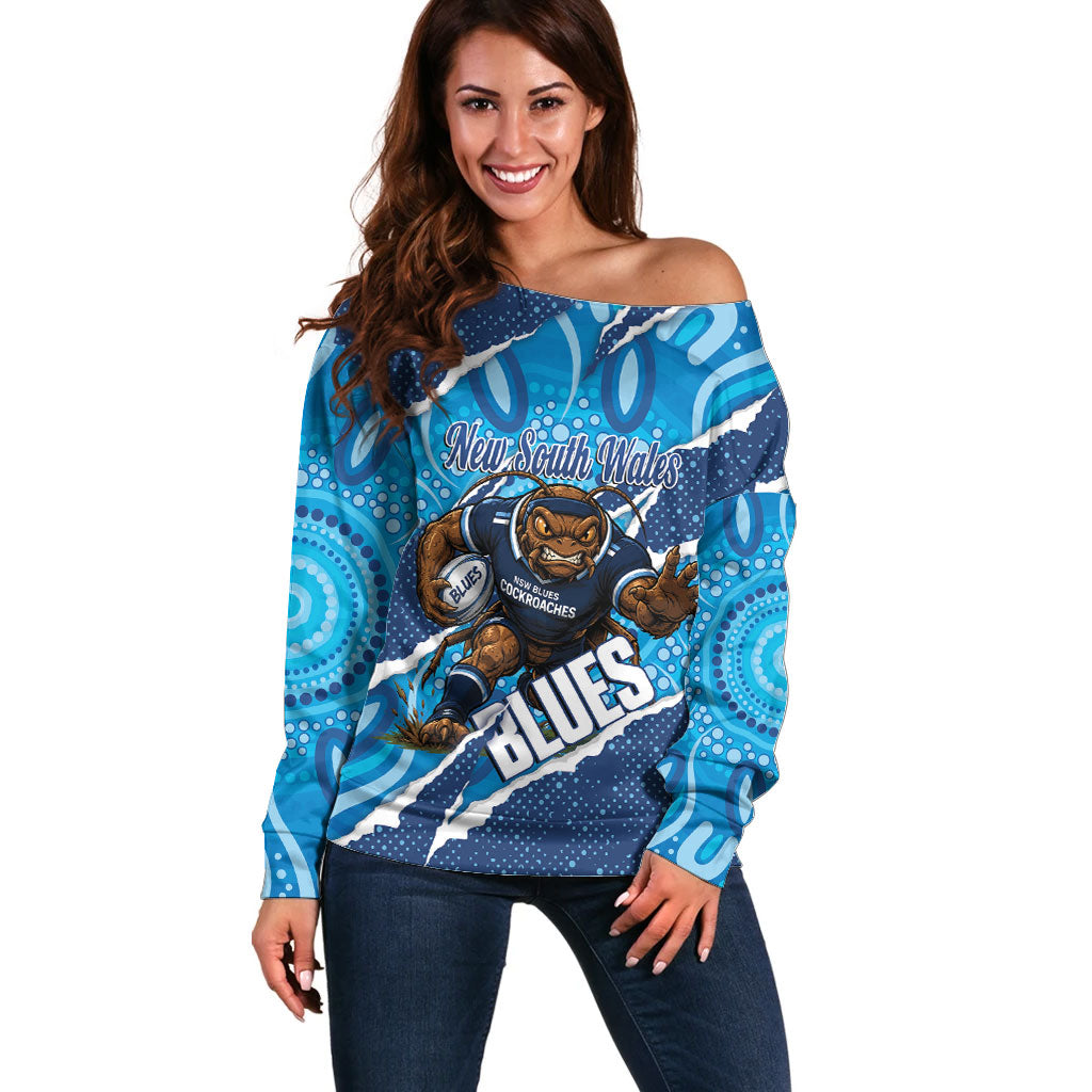 NSW Blues Rugby Custom Off Shoulder Sweater Go Cockroaches Sporty Aboriginal Art