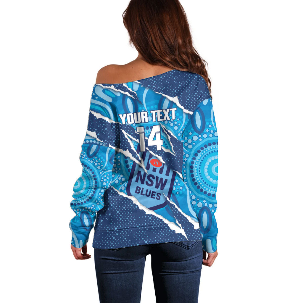 NSW Blues Rugby Custom Off Shoulder Sweater Go Cockroaches Sporty Aboriginal Art