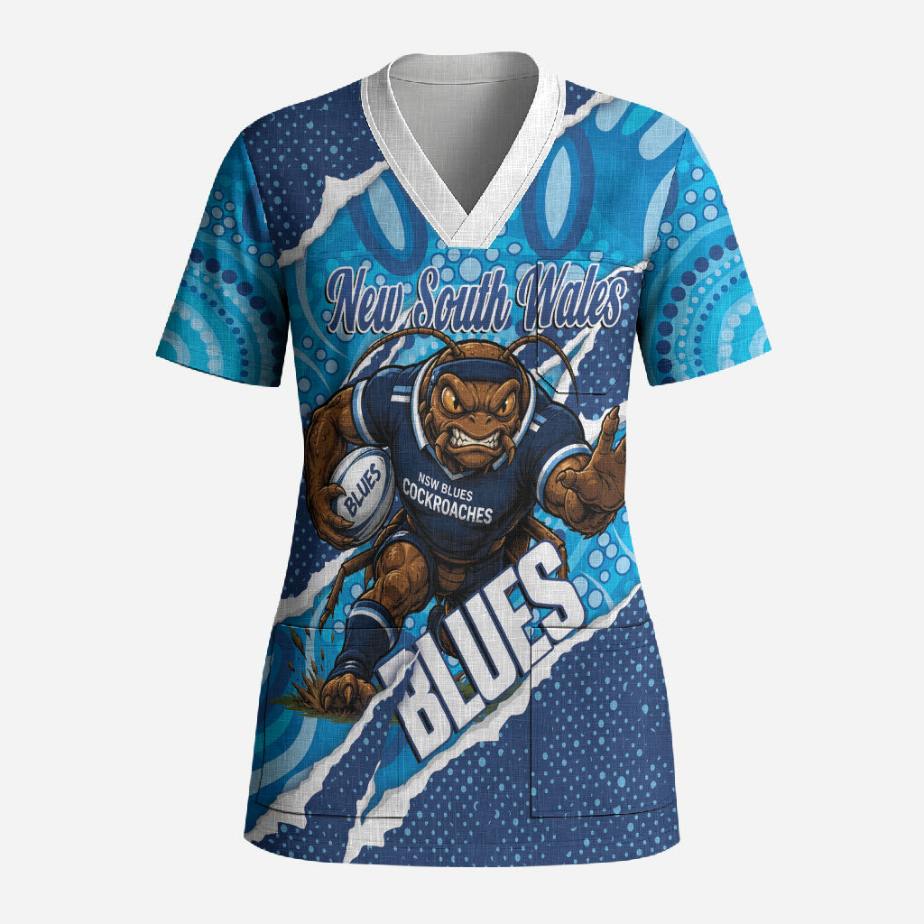 NSW Blues Rugby Custom Scrub Top Go Cockroaches Sporty Aboriginal Art