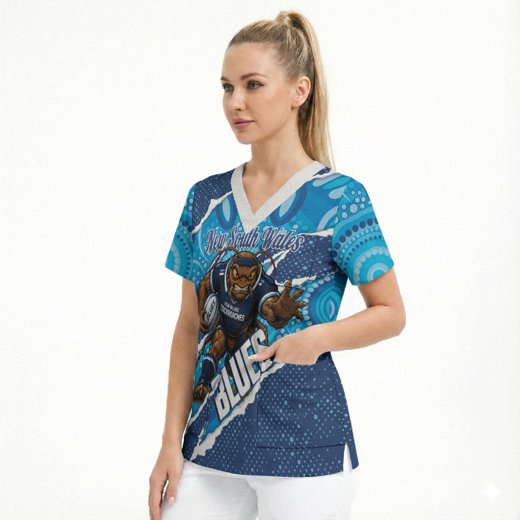 NSW Blues Rugby Custom Scrub Top Go Cockroaches Sporty Aboriginal Art