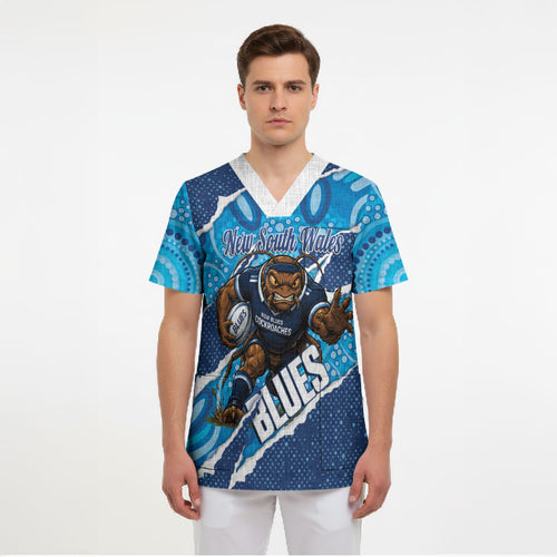 NSW Blues Rugby Custom Scrub Top Go Cockroaches Sporty Aboriginal Art
