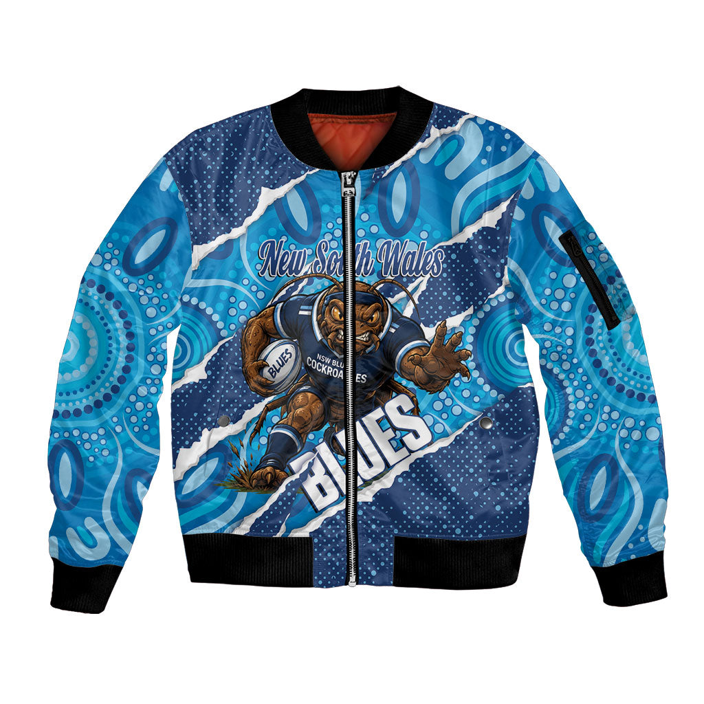 NSW Blues Rugby Custom Sleeve Zip Bomber Jacket Go Cockroaches Sporty Aboriginal Art