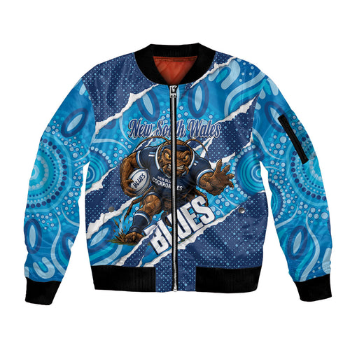 NSW Blues Rugby Custom Sleeve Zip Bomber Jacket Go Cockroaches Sporty Aboriginal Art